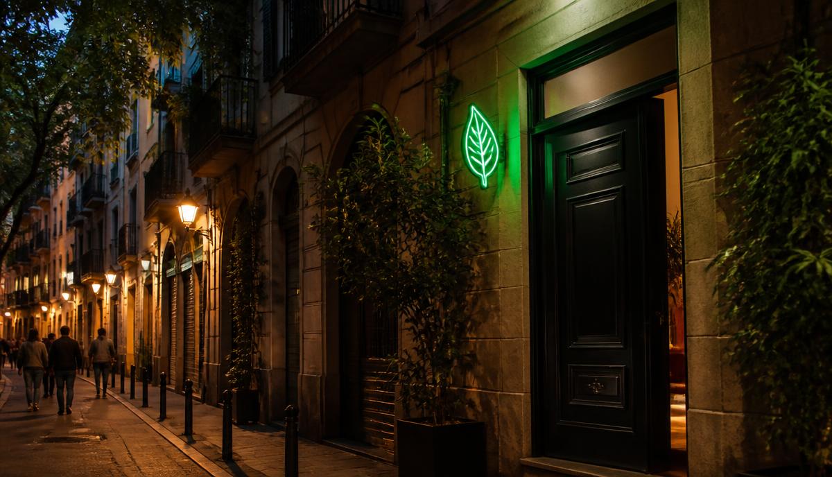 Discreet private cannabis social club doorway on a Barcelona street at night