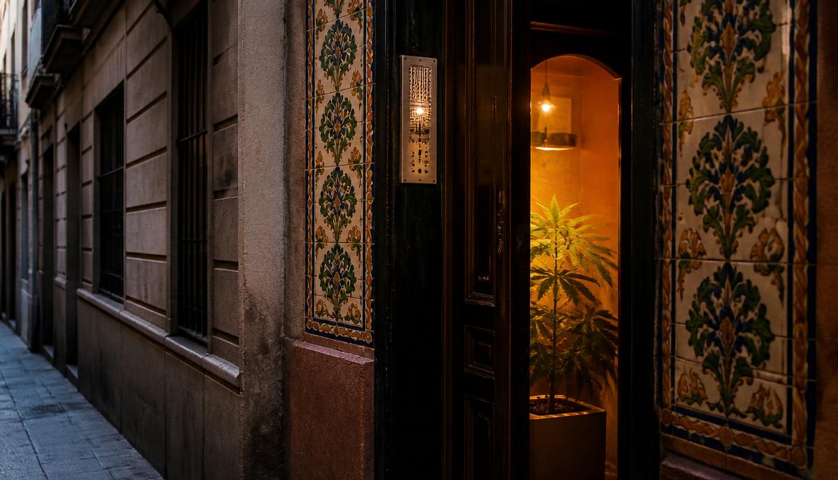 Doorway of a private cannabis social club on a narrow Barcelona street at dusk